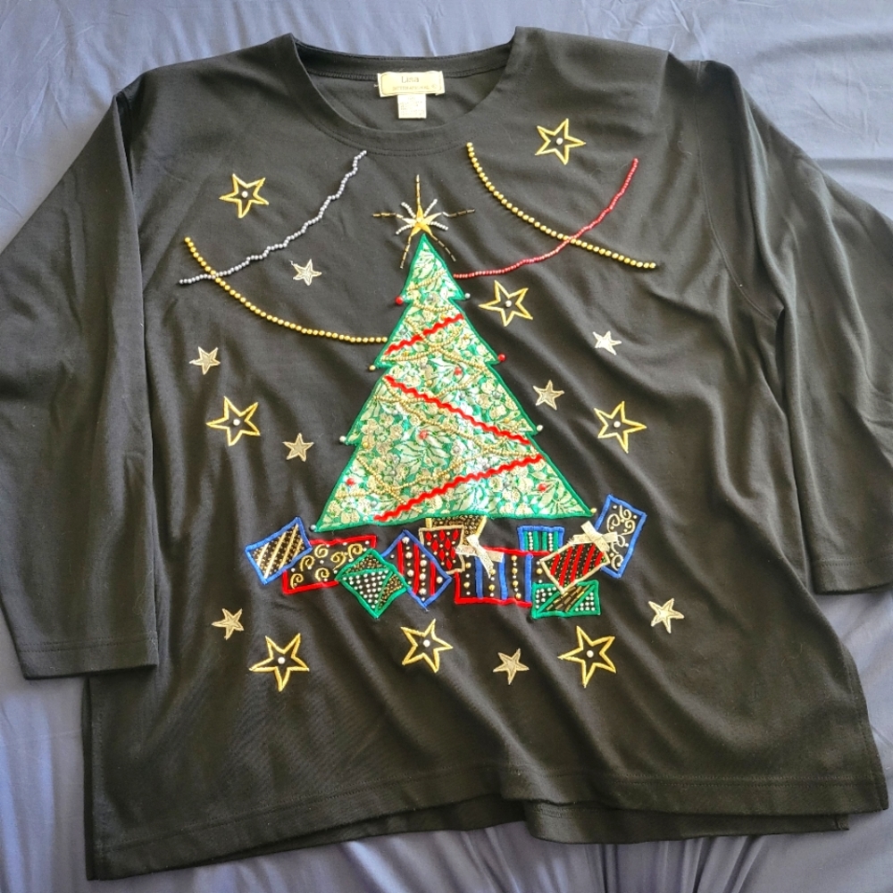 Lisa international vintage christmas tree longsleeve, shoulder pads, side slits
